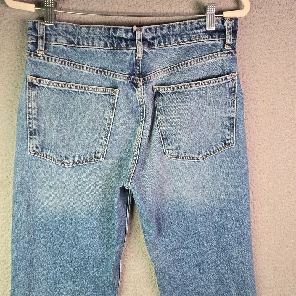 Zara Jeans Medium Blue 8 Straight Leg High Rise 100 Cotton Long Inseam